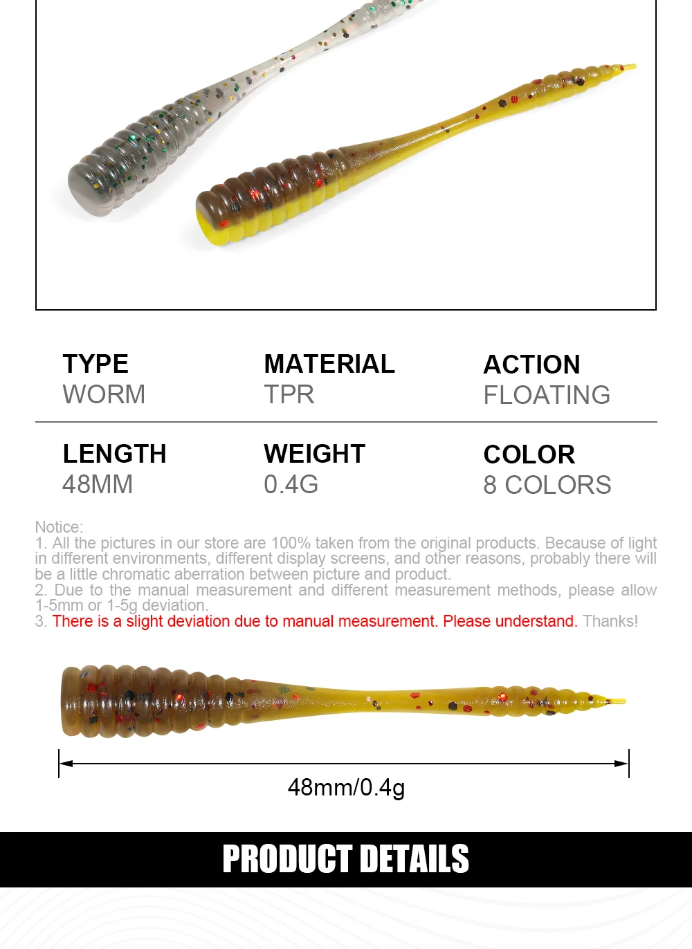 Palisander 48mm TPR Schwimmende Micro Köder Nadel Schwanz Ajing Weiche Wurm Angeln Köder Swimbaits Jig Rockfish Drop Shot ozean Meer 20 stücke – Detail 2