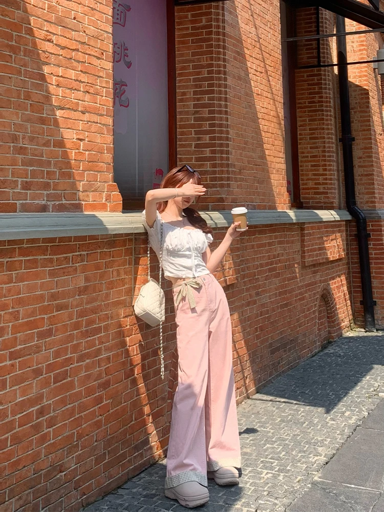 

Женские розовые джинсы с высокой талией, прямые, свободного кроя, летние, новые, повседневные, на молнии, длинные брюки, широкие штанины