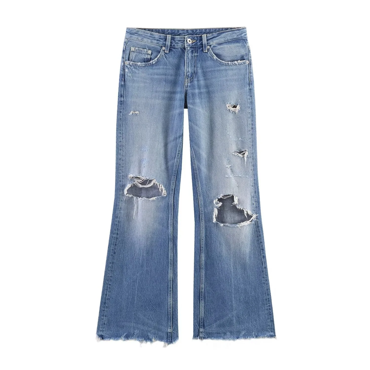 Cross-Border Women's Fashion Bell Bottom Jeans Hole Punching mid Waist Denim Skinnies Summer Collection Ladies' Short Jackets