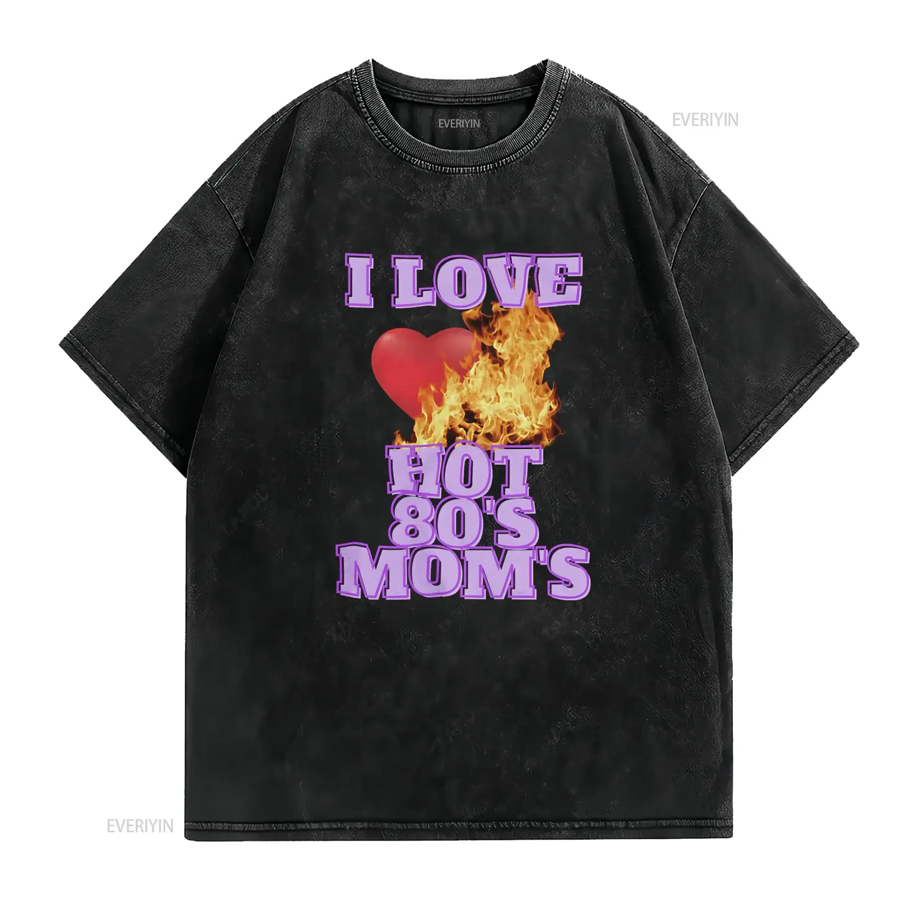 Funny Retro 80s I Love Hot Moms Burning Heart Print Casual T Shirt vintage Washed designer clothes Breathable