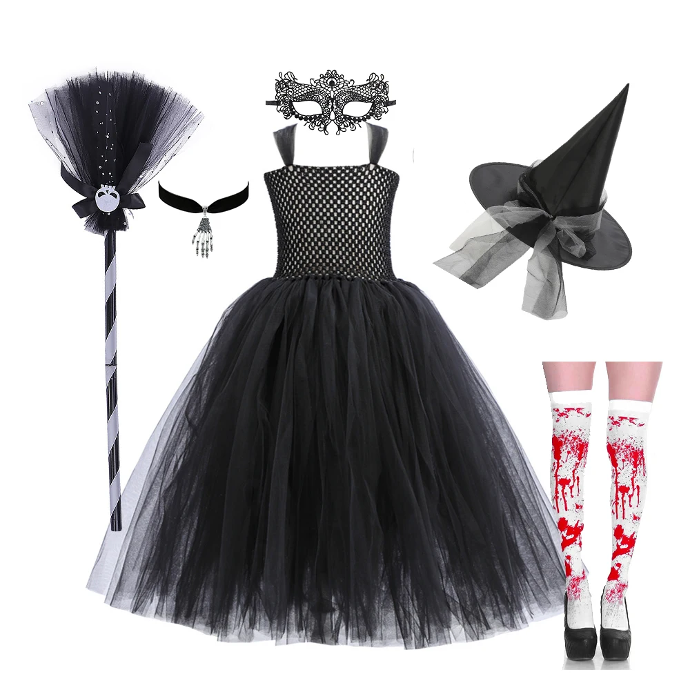 Halloween Vampire Witch Costume for Girls Scary Tutu Dress with Knife Axe Socks Pumpkin Bag Kids Carnival Cosplay Outfit