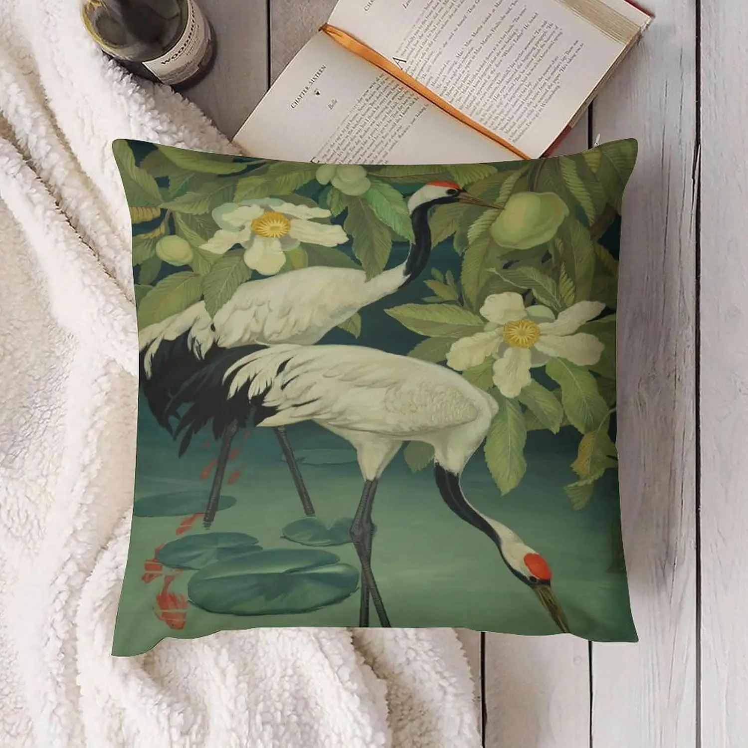 Beautiful Bird Nature Egrett Botanical Pillowcase Cushion Cover Garden Floral Art Home Decor 18x18 Inch