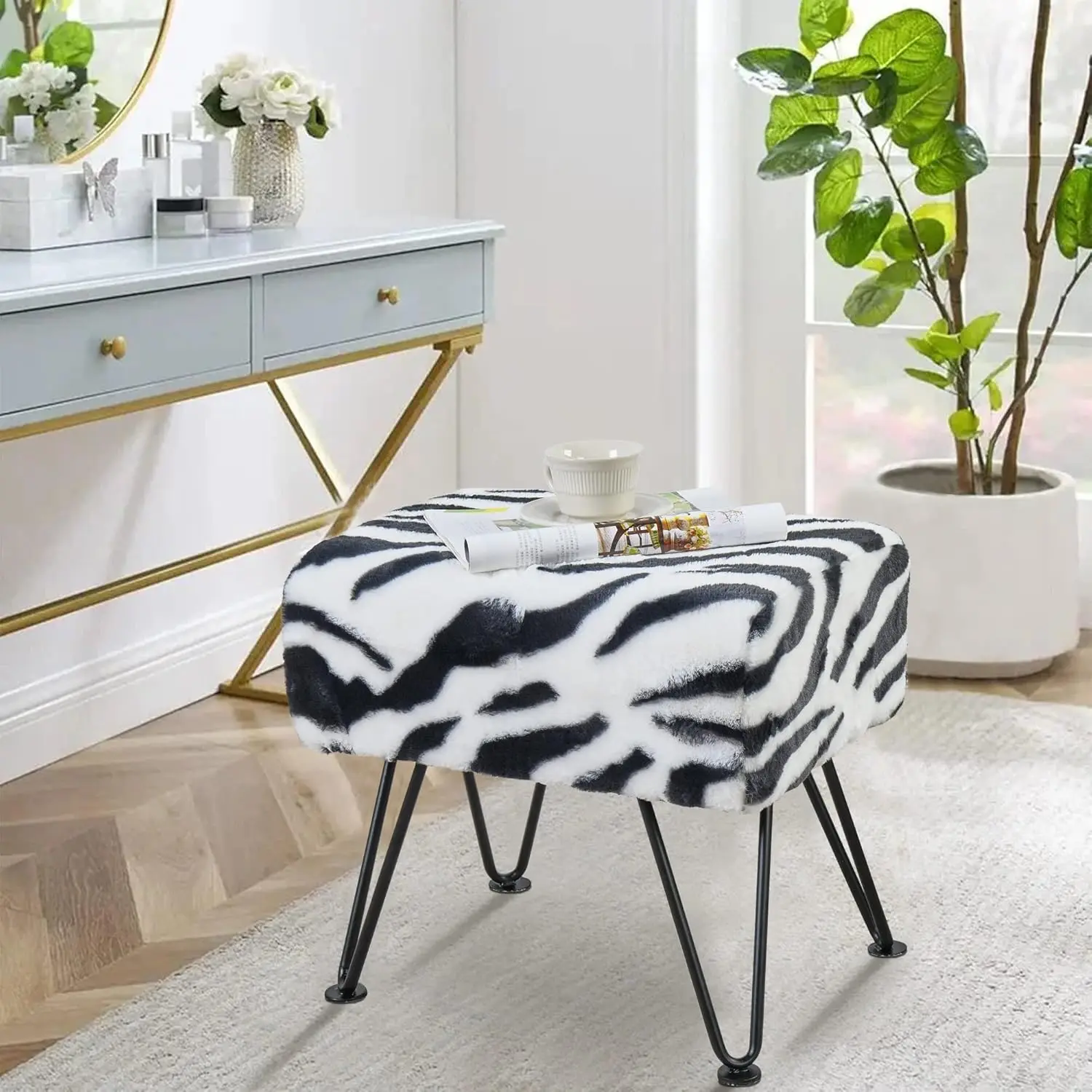 

Zebra Type Ottoman Bench 19"" X 13"" X 17"" Rec Footrest Upholstered Mink Fabric Decor For Living Room End Of Bed Entryway Or