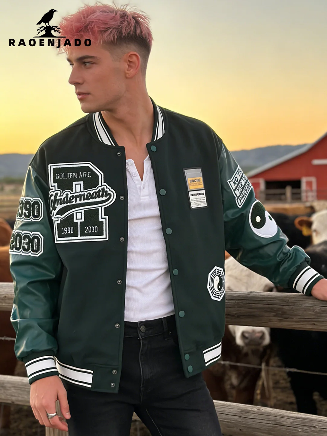 

Men's Bomber Jacket Vintage Faux Leather Sleeves Varsity Baseball Uniform Coat Letterman Embroidered Windbreaker Outerwear