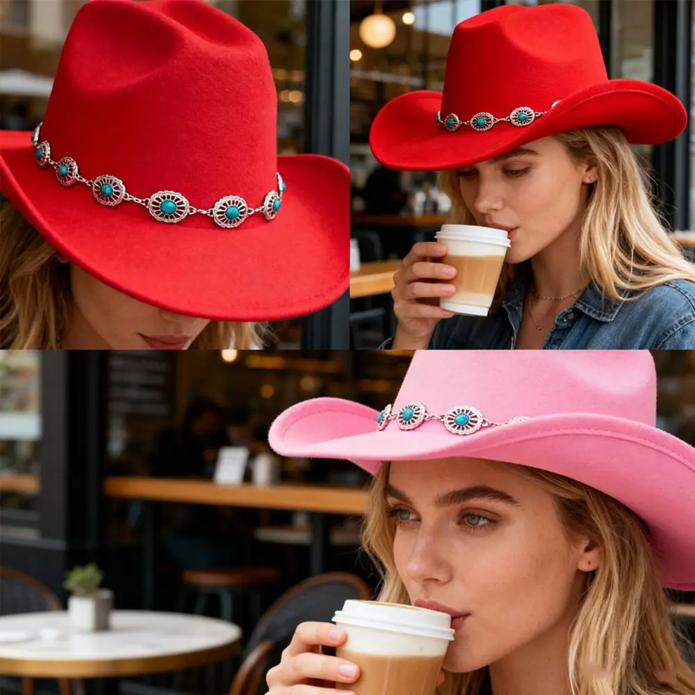 Turquoise Cowboy Hat Wide Curved Brim High Crown Western Cowgirl Hat Metal Chain Decor Unisex Wide Brim Hat