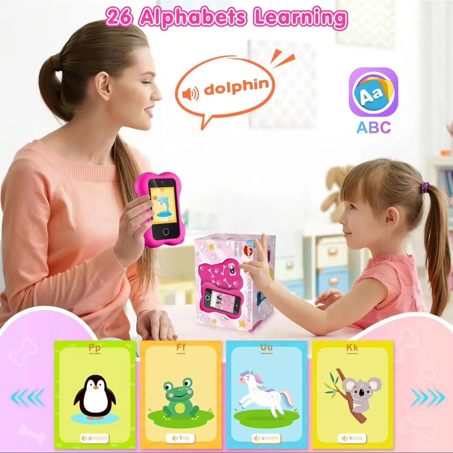 VATOS Kids Learning Smart Cell Phone Toy Girls Boys Cute Educate Mobile Phone Touchscreen Dual Camera Gift for Kids 3~10 lat