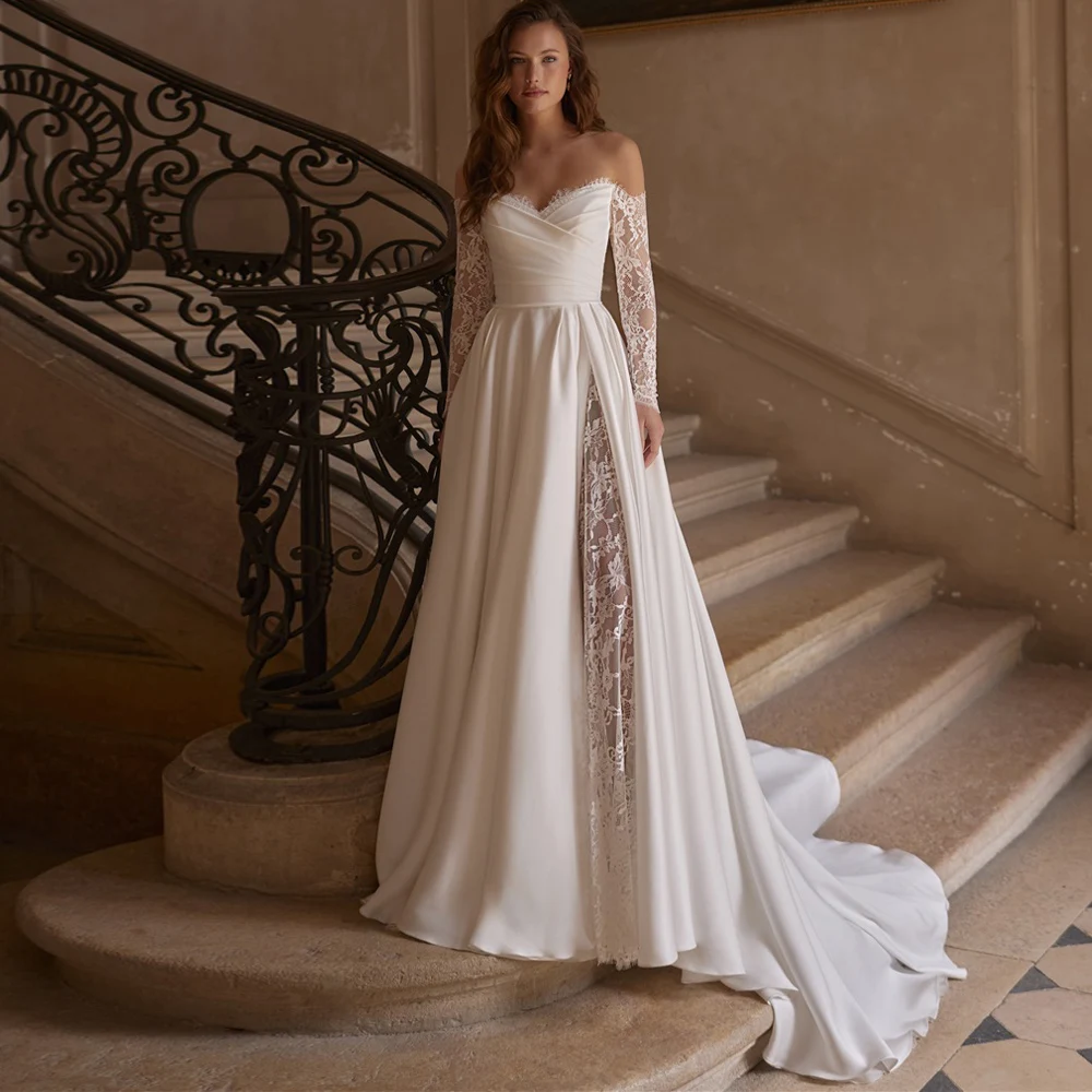 Customized Wedding Dress 2027 New Arrival V Neck Long Sleeves Pleated High Slit Sweep Train A Line Lace Bridal Gown Bride