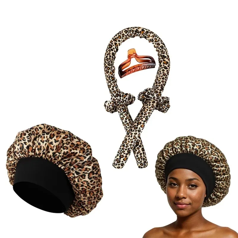 

5PCS Leopard Print Heatless Curling Rods Set with Sleep Cap for Overnight Styling No Heat Hair Rollers for Women Natural Waves