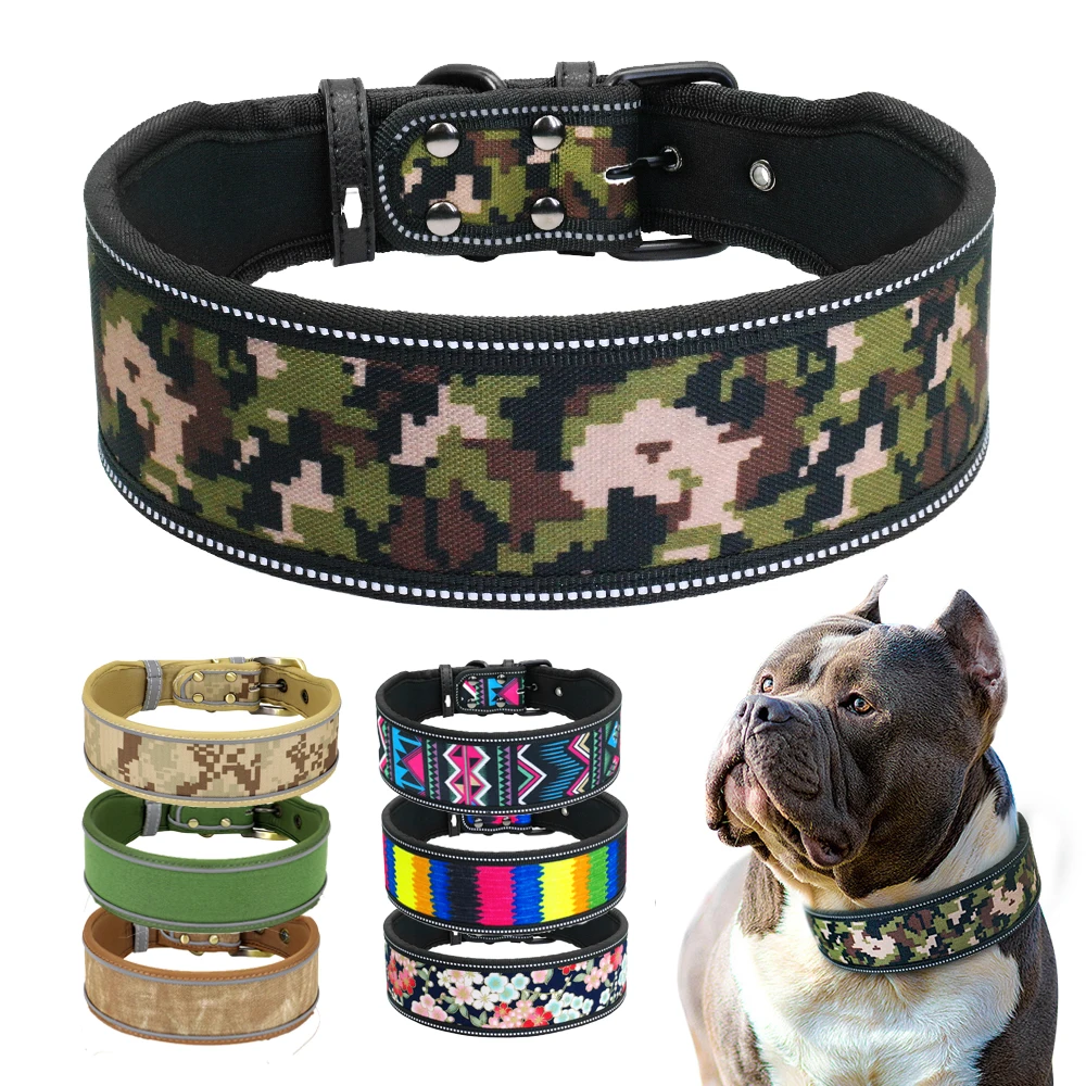 Wide Dog Collar Reflective Big Dogs Collars Soft Padded Camouflage Nylon Collars Necklace for Pitbull German Shepherd Greyhound