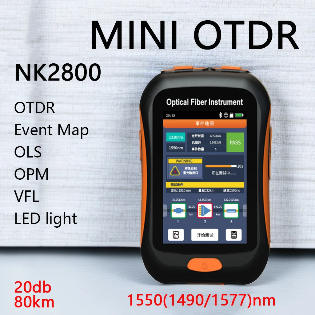 

Mini OTDR NK2800 5-IN-1 Active Fiber 1550nm Fiber Optic Reflectometer and VFL OLS OPM EventMap 20dB 80Km Free Shipping