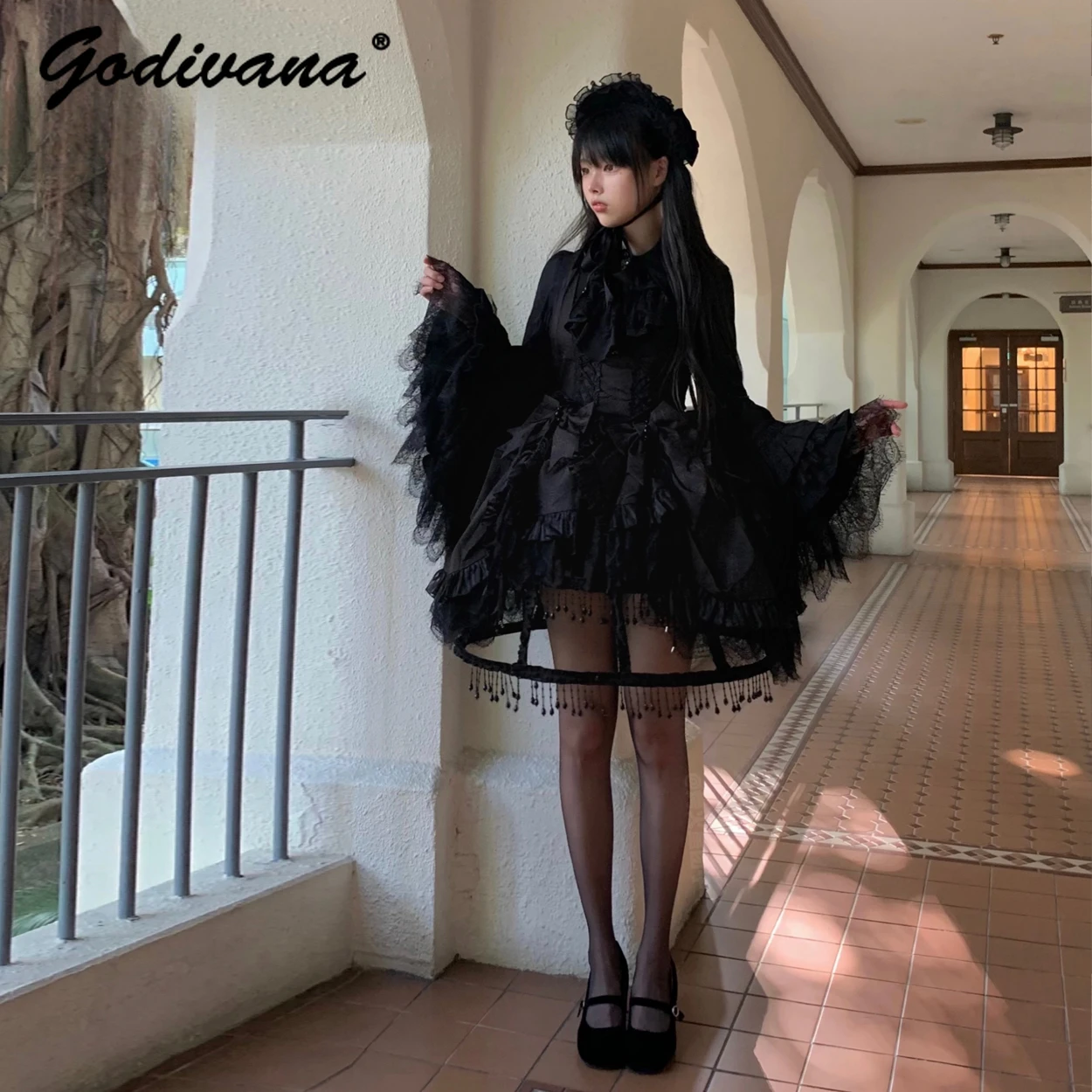 Gothic Lolita Kleid Set Original Brust Unterstützung Spitze Schleife Süße Jsk Kleid Langarm Hemd Strass Quaste Rock Frauen Outfits