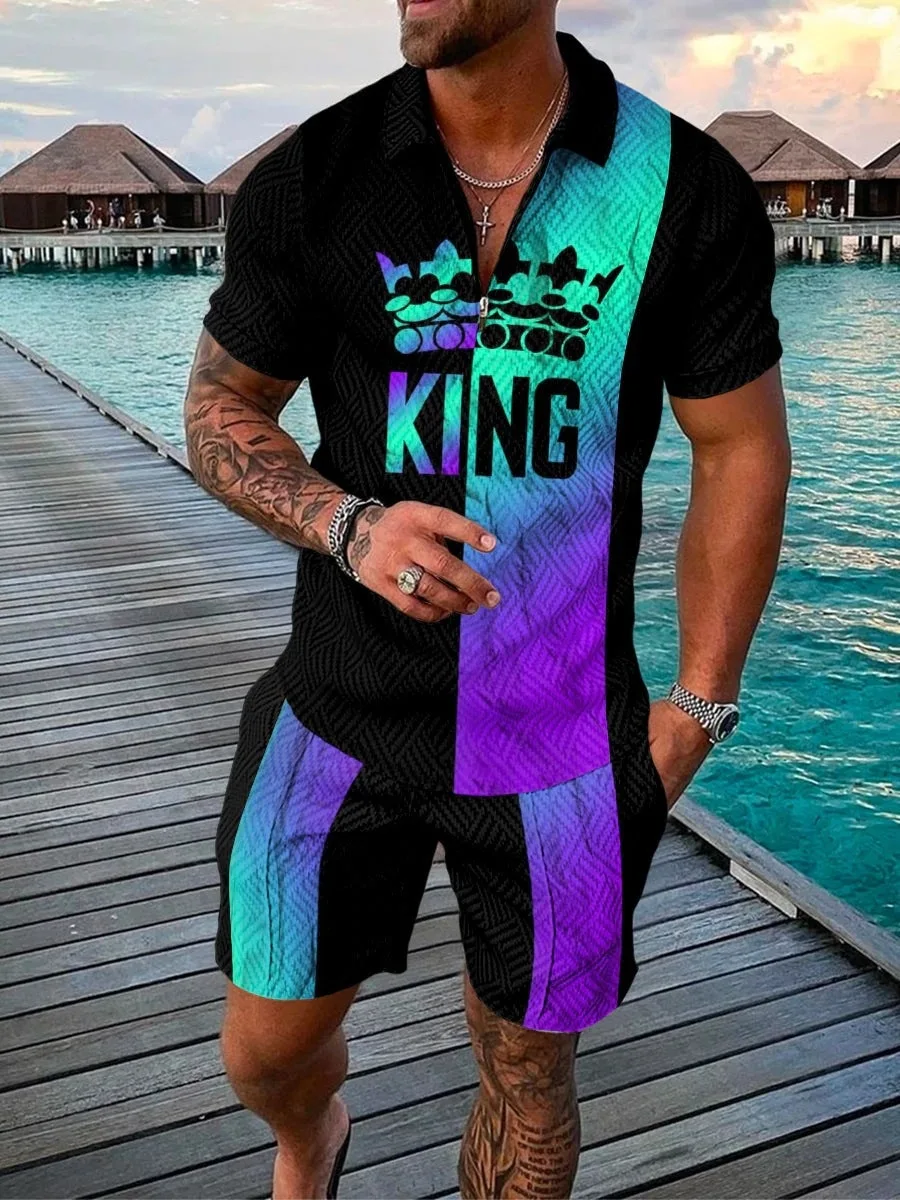Summer Men Polo Set Short-Sleeved Polo Shirt Shorts Casual Male Clothes Fashion Zipper Polo Shirt Two-Piece Set Men Clothing