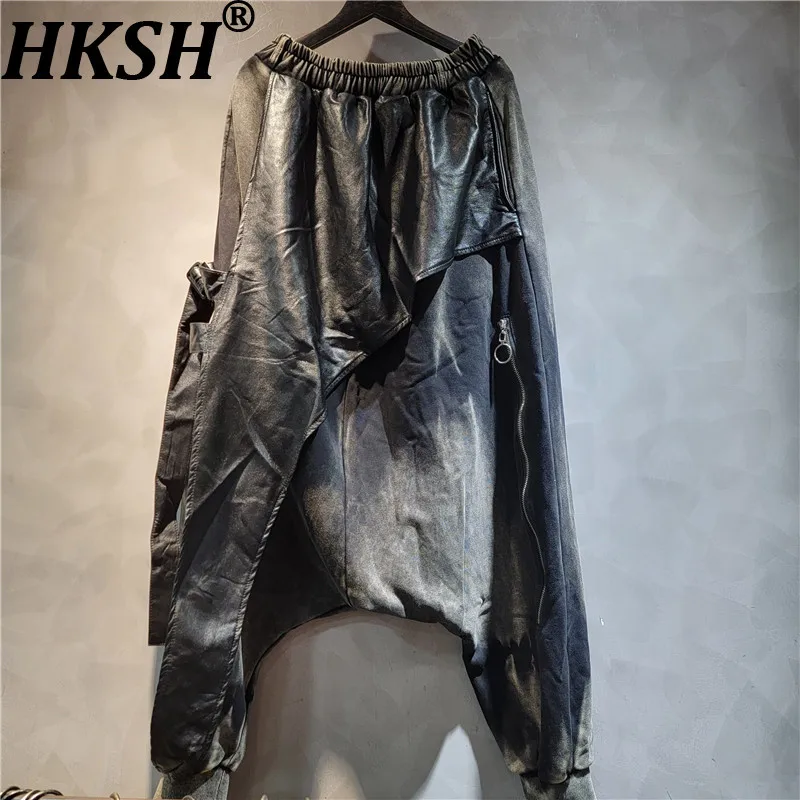 HKSH 2026 Spring New Women Cross Pants PU Leather Patchwork Denim Asymmetric Elastic Waisted Retro Hip Hop Streewear Y2K HK18421