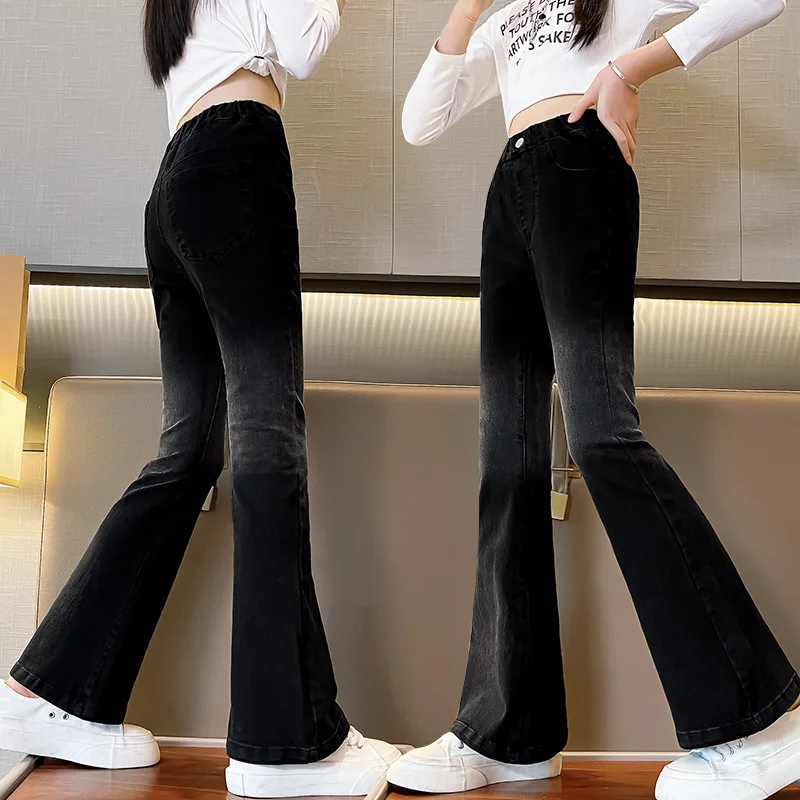 Girls Split Flare Gradient Jeans for New Fashion Kids School Streetwear Casual Solid Color Denim Pants Children Korean Trousers