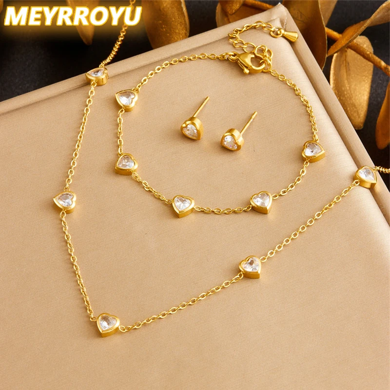 MEYRROYU 316L Stainless Steel White Love Zircon NecklaceBracelet Earrings Women 2024 New Heart-shaped TrendNon-fadingjewelry Set