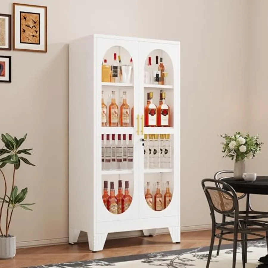 61 Tall Metal Curio Cabinet for Collectibles Display, White Glass Door Showcase with 4-Tier Adjustable Shelves, Locking Liquor