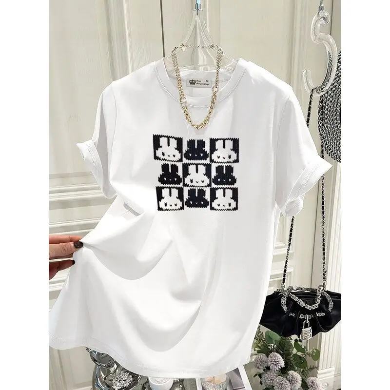 Women Korean Version Nine Palace Grid Pattern Print T-shirt Summer Fashion Rabbit O-neck Short Sleeve Tees Pure Cotton Basic Top