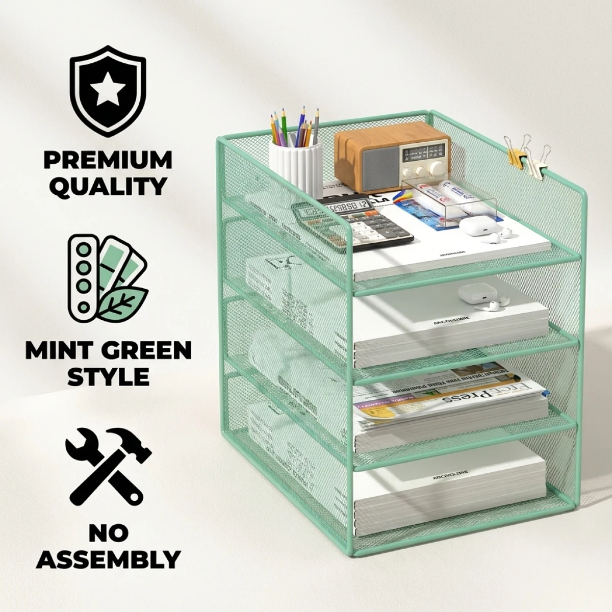 Mesh Desk File Organizer Large Capacity Storage Rack No Assembly Space Saving Pen Holder Tray Rustproof for Students Office
