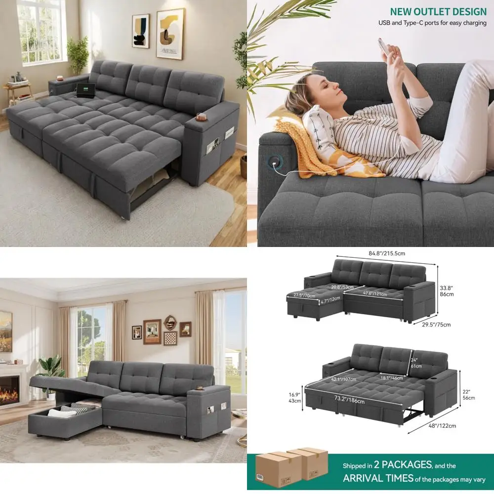 

l-образный диван-кровать с шезлонгом, USB-портами, двусторонний спальный диван, выдвижная кровать, место для хранения вещей, 4-местный диван