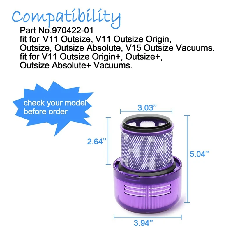Substituição de filtro de 3 peças para Dyson V11 Outsize, V11 Outsize Origin, Outsize Absolute + peças de aspirador de pó 970422 -01