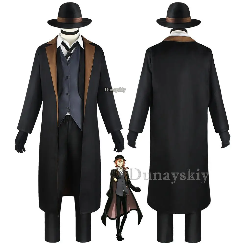 Disfraz de Cosplay de Anime Nakahara Chuuya para hombres y mujeres, sombrero, guante, chaqueta, pantalones, traje de Halloween, ropa de fiesta de navidad