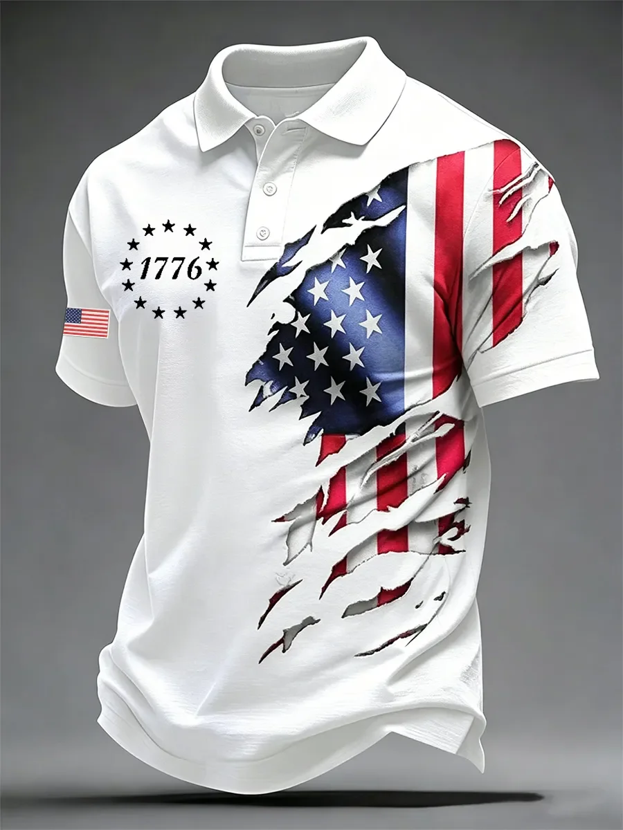 Men's American Flag Print Polo Shirt, 