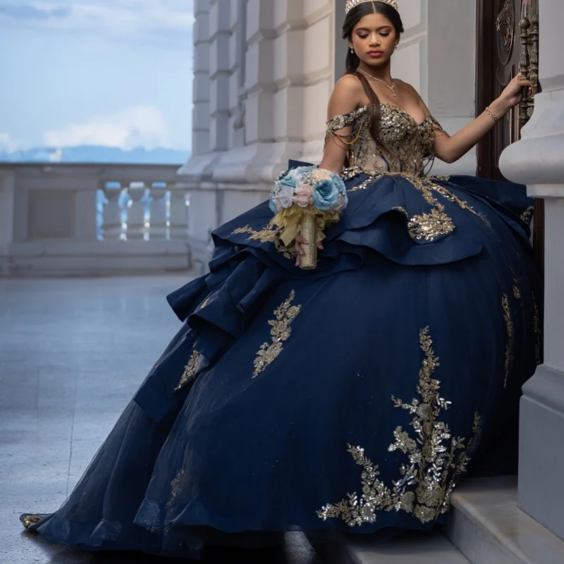 

Dark Blue Quinceanera Dress off-shoulder Golden Glitter Crystal Flower Layering Decal Long tail Bow vestidos de 15 Quinceanera ﻿