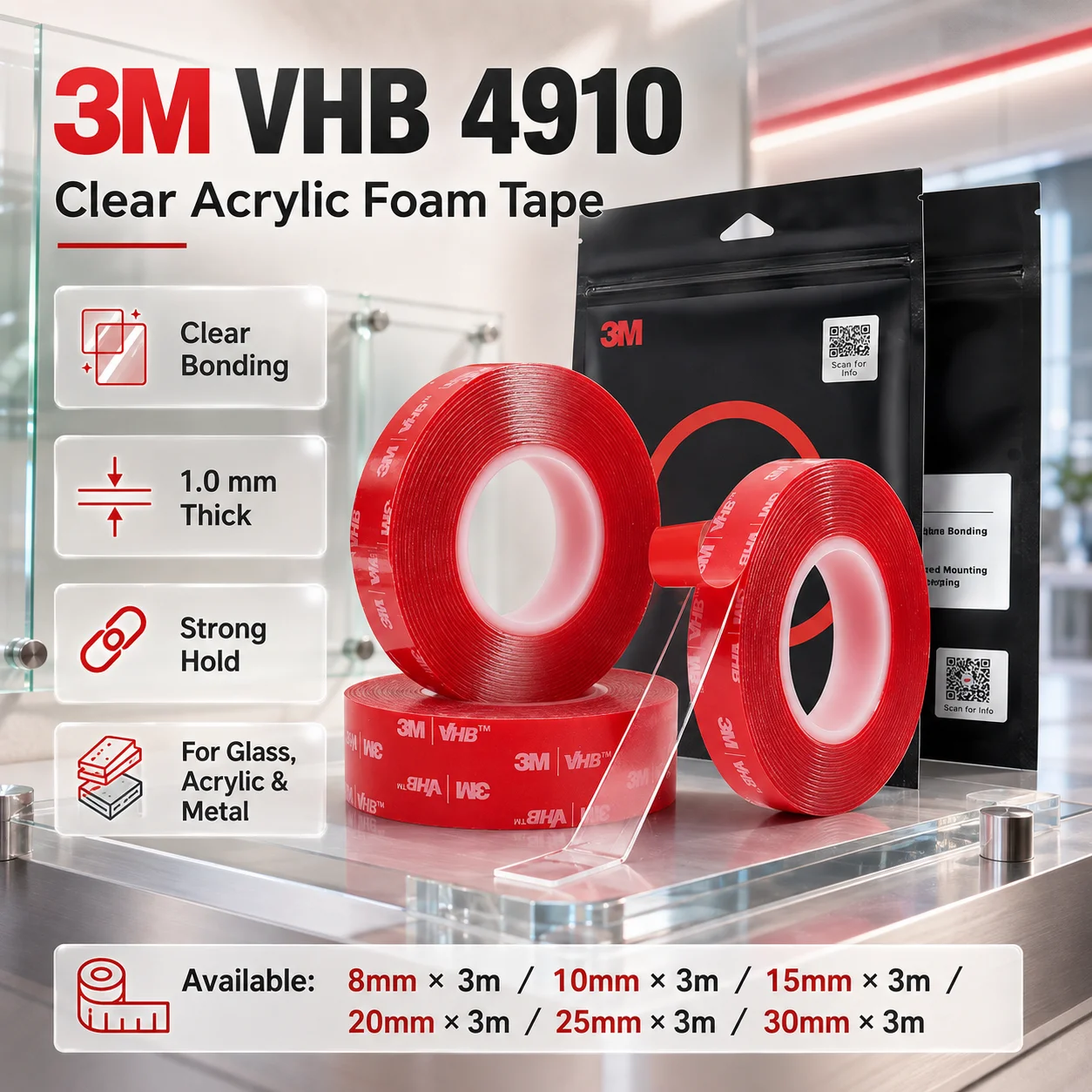 3M 4910 VHB Clear Double Sided Mounting Tape 1mm Acrylic Foam Adhesive for Glass Panel Metal Trim Acrylic Sign 8-30mm x 3m