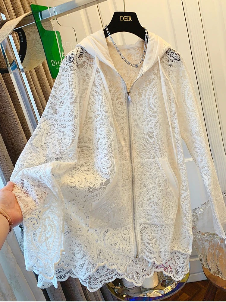 

Oversized Tops Temperament Coat Women's Clothing Hooded Lace Hollow Out Outwear Mujer Casual Summer Chic Jackets Zip Sweatshirt