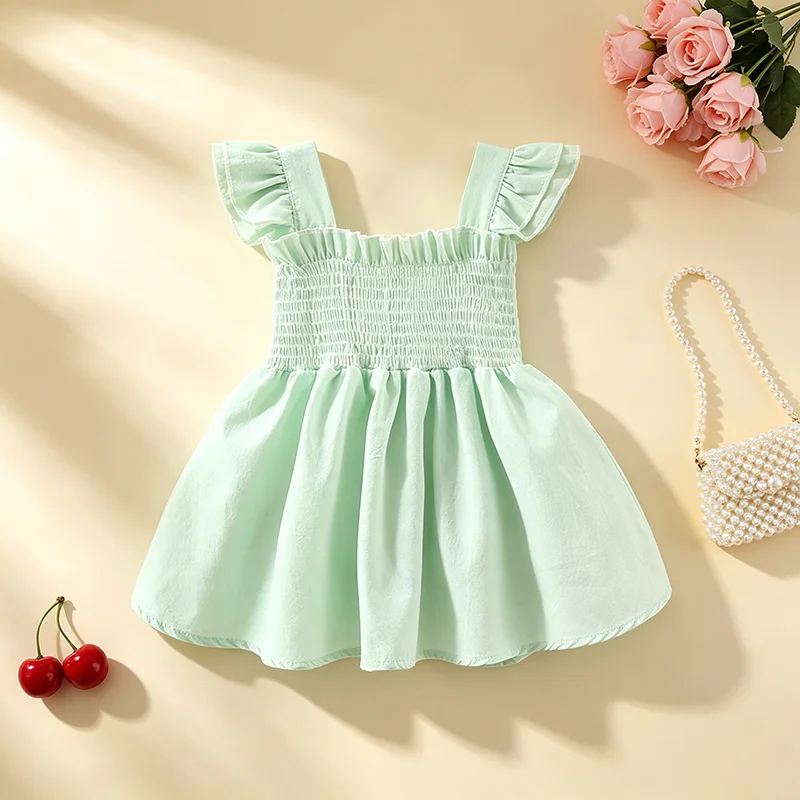 Baby Girls Fresh Mint Green Strap Dress Elastic Smocked Waist Sundress With Cute 3D Strawberry Children Casual Summer Daily Wear
