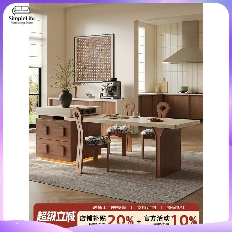 Rock Slab Dining Table Extendable Island with Storage Medieval Travertine Walnut Kitchen Center Console Furniture for Home