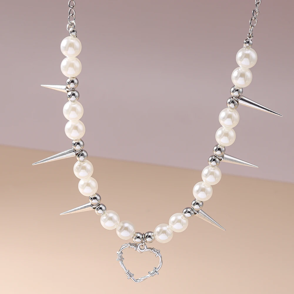 Aihua E-Girl Perlen-Spike-Halskette Choker für Damen, koreanische Mode-Nieten-Halskette für Herren, Gothic Hip-Hop Grunge Street Schmuck Geschenke – Detail 2