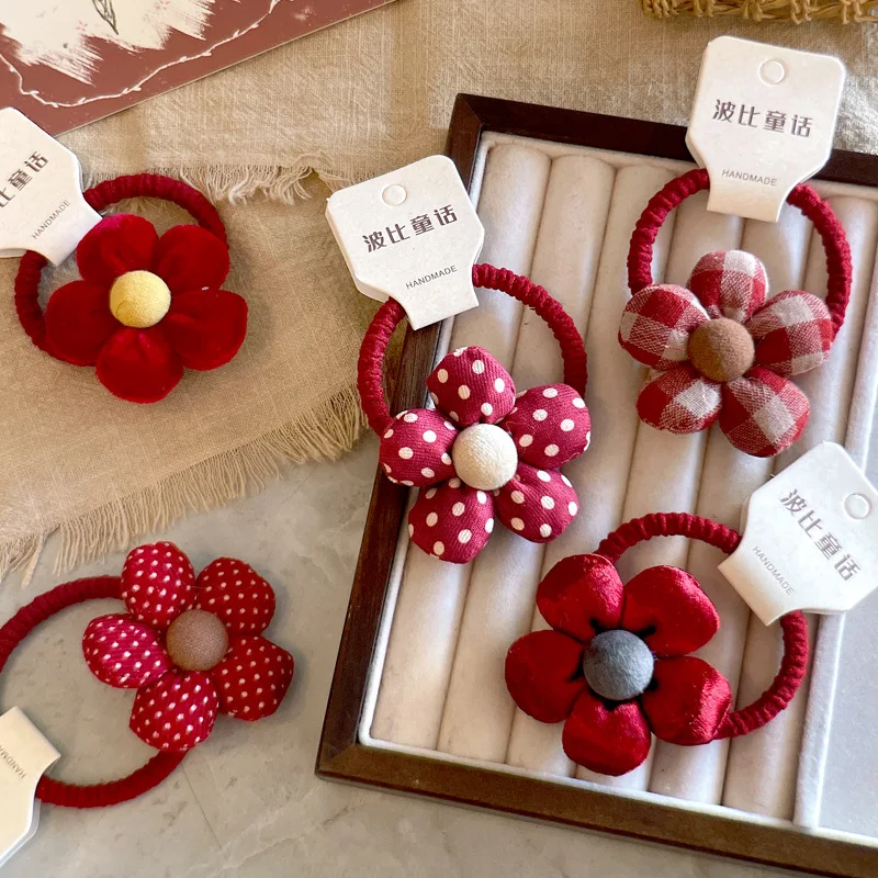 

Red Floral Fabric Padded Hair Ties for Kids Sweet Polka Dot Elastic Hair Ropes Cute Hair Accessories for Baby Girls Daily Wear