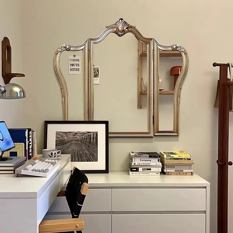 retro makeup mirror, wall-mounted carved tri-fold mirror desktop folding