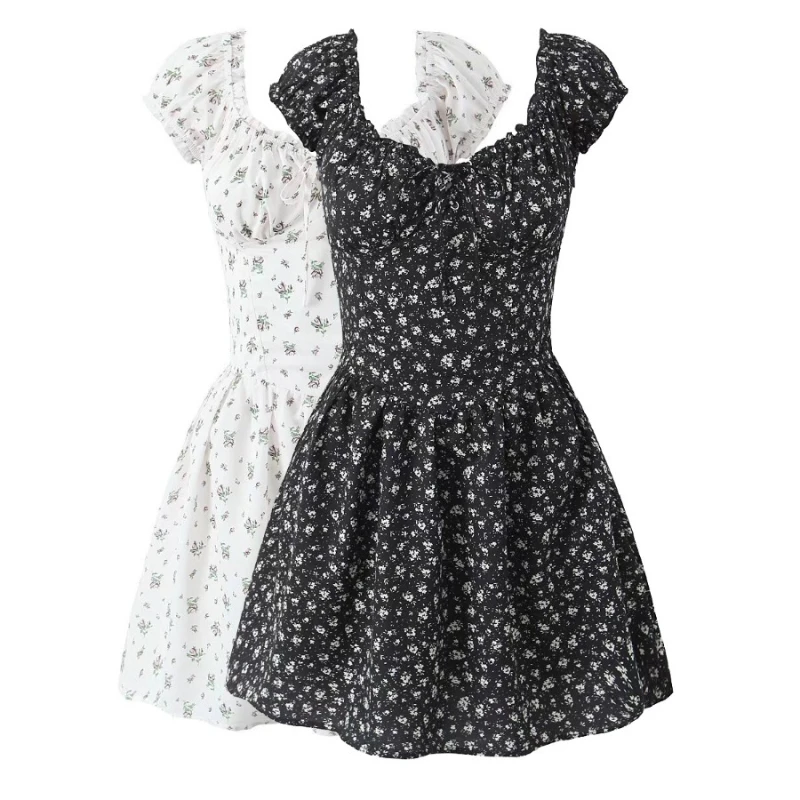 

Summer New Style Strap Sweet Fragmented Flower Waist Bubble Sleeve Slimming Dress Short Skirt