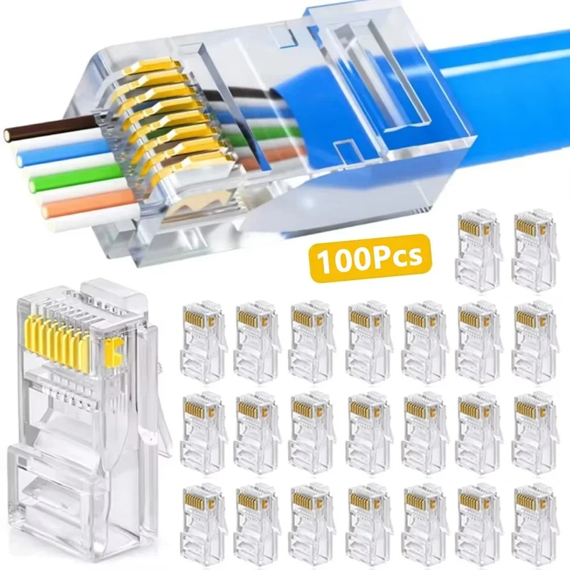 100pcs Pass Through RJ45 Cat6/Cat5e Shielded Connectors Crystal End 8P8C Crimp UTP Standard Ethernet Network Modular Plug For PC