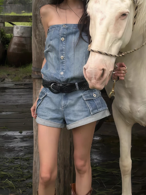 

American Retro Off-Shoulder Denim Overalls Women's Spring Summer New Style Sexy Street Fashion Casual Jeans Shorts Pants