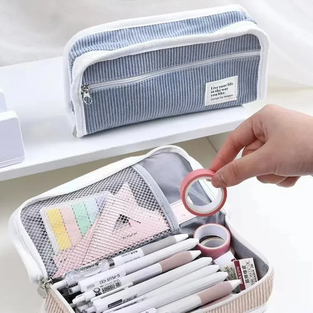 Bolsa de papelería Ins rosa, azul y gris, almacenamiento de escritorio de gran capacidad, estuche de lápices de estilo coreano, estuche de lápices estético de estilo Ins
