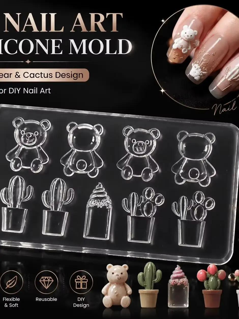 Kawaii süße 3D-Nagelkunstform aus Silikon in Bärenform, Design für DIY-Nagelcharms, Dekorationszubehör, Gel-Verzierungswerkzeug