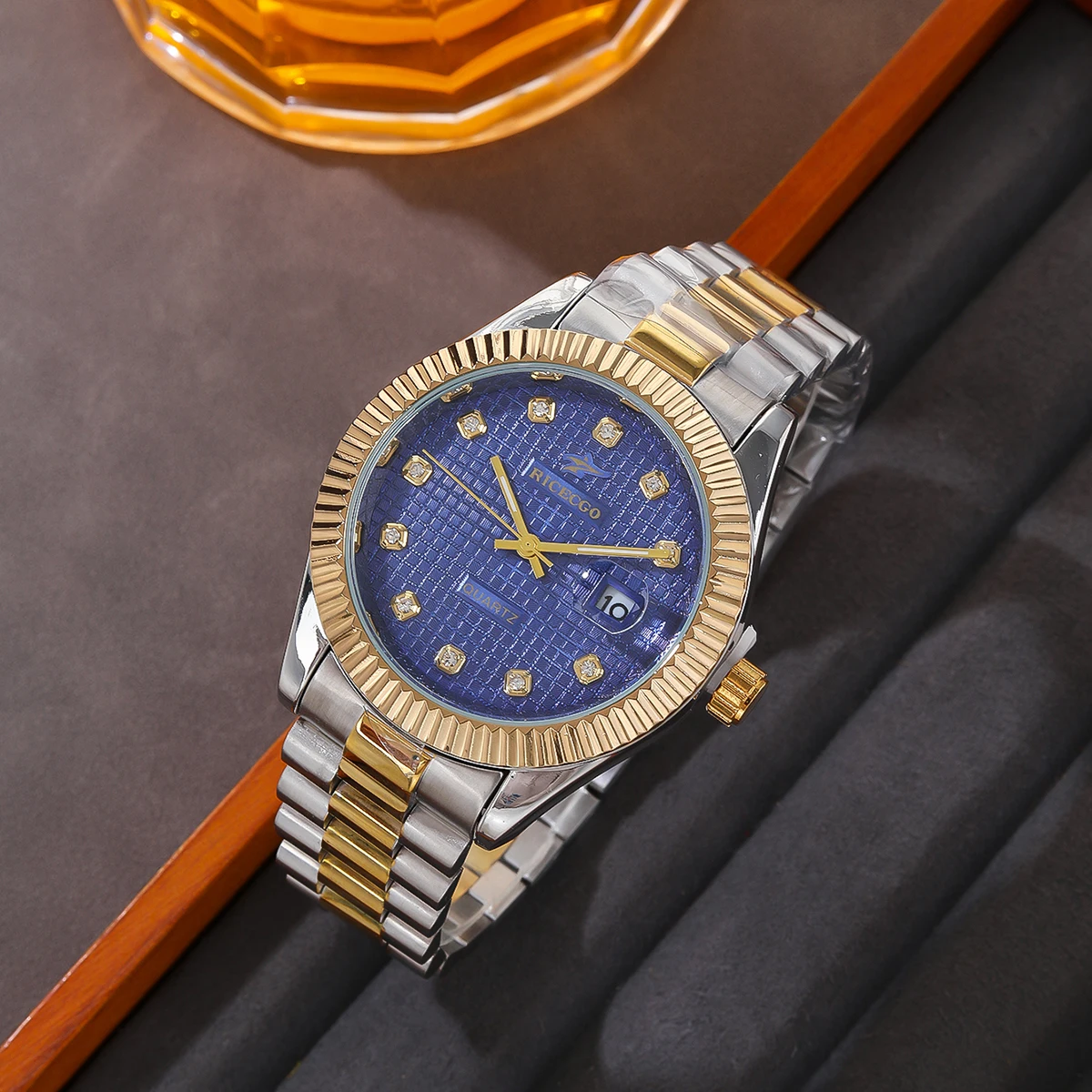 Stainless Steel Male Quartz Watches Clock Luxury Fashion Simple Calendar Wristwatch for Father Boyfriend Festivals Gift Set