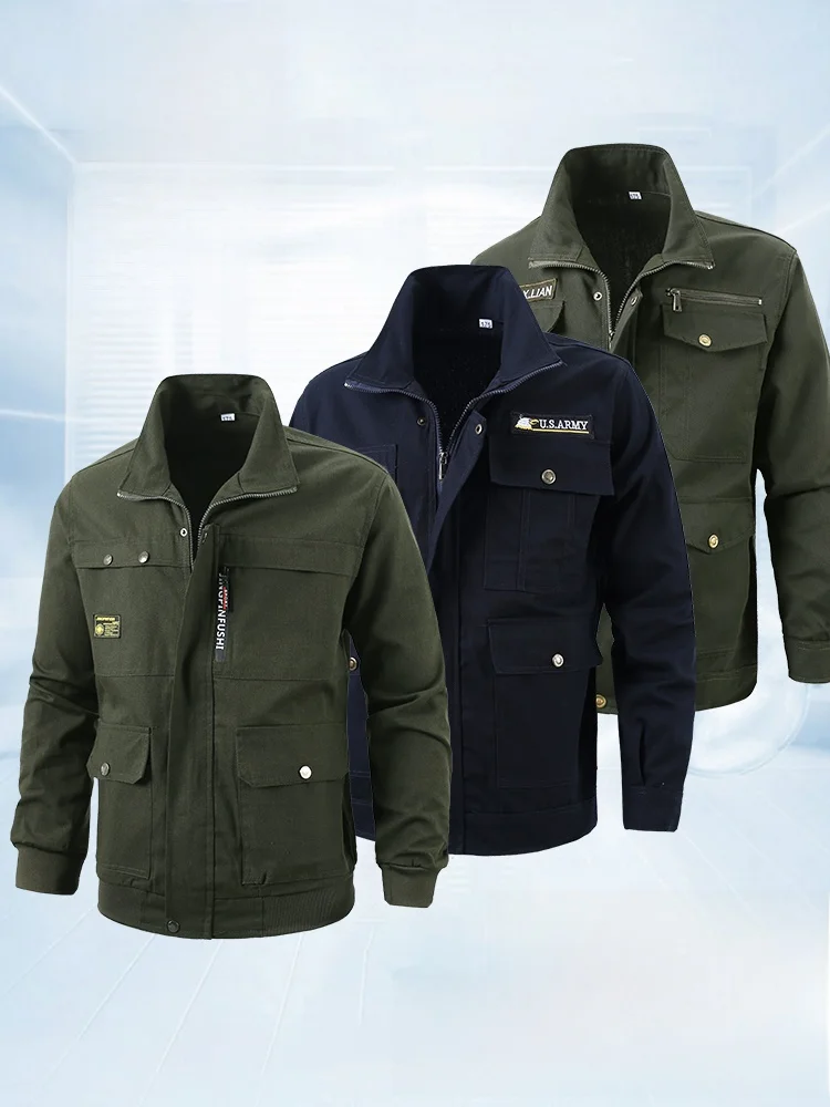 

Утепленная рабочая куртка из чистого хлопка для мужчин, осенне-весенняя, с множеством карманов, защита от ожогов, для строительных работ, молодежная, модная, свободного кроя