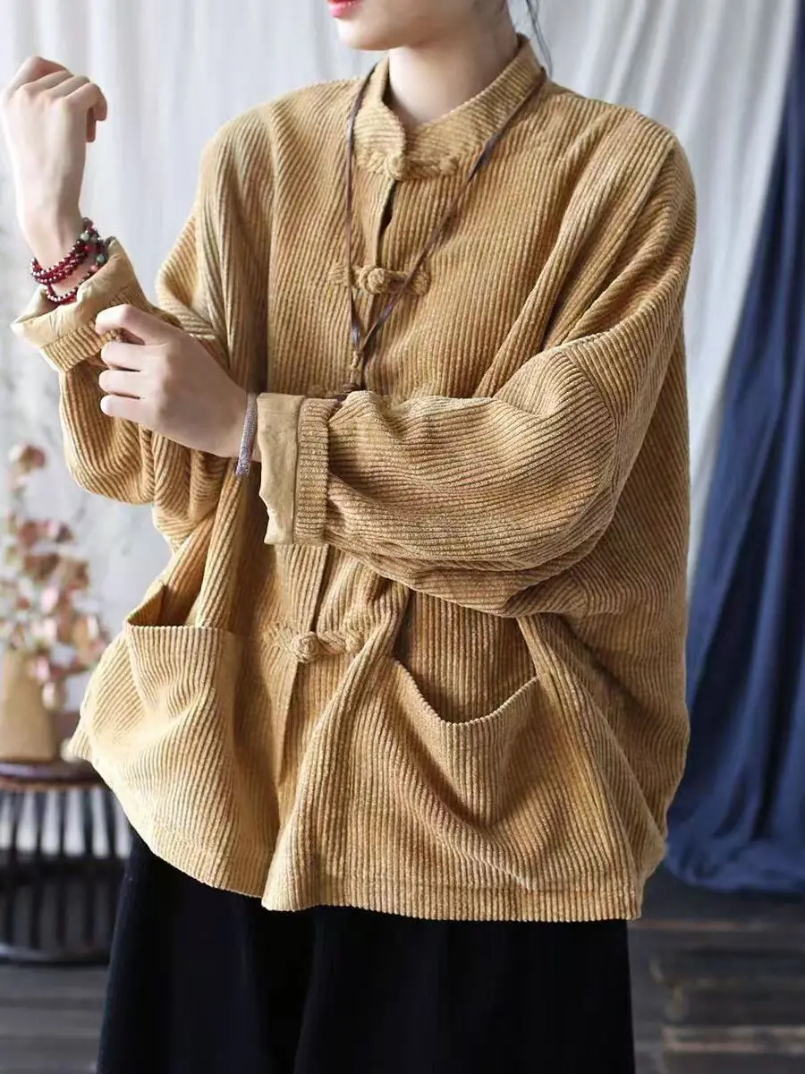 

Retro Velvet Jaet Women's Autumn Winter New Chinese Sle Button Stand Collar Tang Costume Loose Fit Long Sve Top