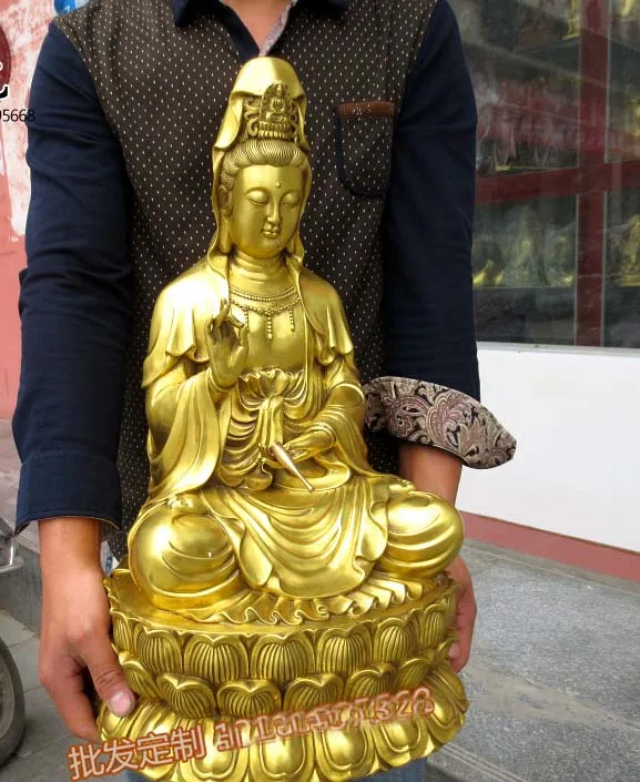 WOW-55CM Large HUGE -HOME lobby Temple efficacious Talisman GOLD Nanhai Guanyin Buddha brass carving Sculpture statue