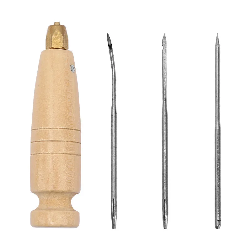 DIY Wooden Handle Sewing Awl, Pure Copper Screw Interface, Leather Craft Punchin, Can Be Replaced, 1Set
