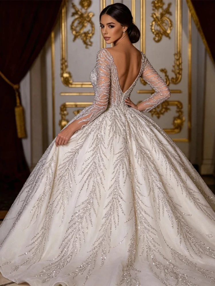 Customized Elegant A Line Sweetheart Long Sheer Sleeve Wedding Dresses Exquisite Rhinestone Beaded Floor Length Bridal Gowns