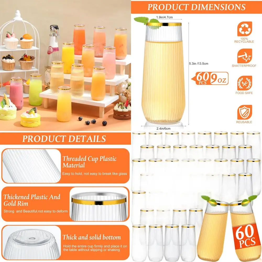 

Одноразовые пластиковые флейты для шампанского с золотой оправой, 9 унций, стаканы в рубчик без ножек для свадеб, мероприятий и торжеств