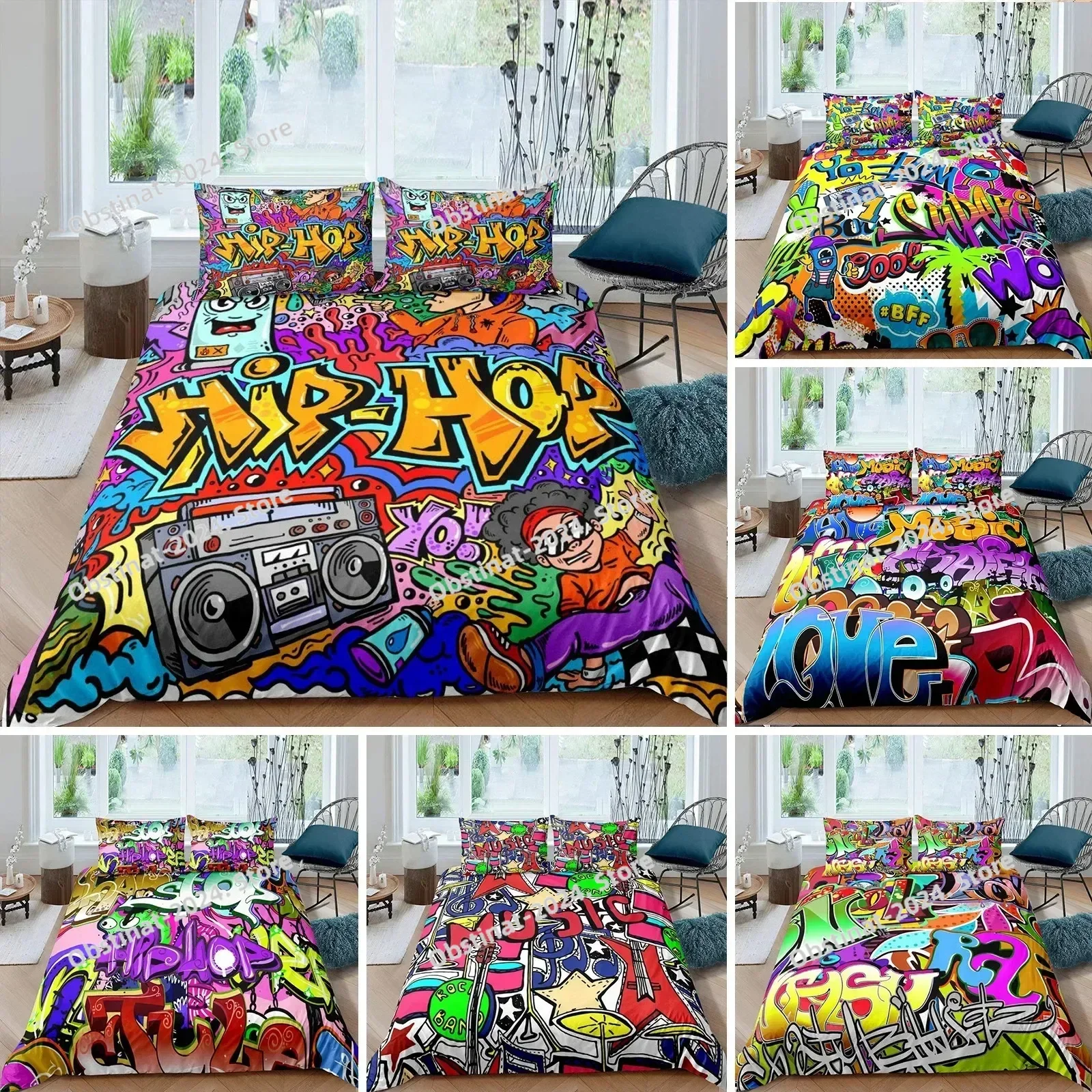 Hip Hop Duvet Cover KingQueen Size Color Street Culture Wall Graffiti Art Rock Music Sports Polyester Bedding Set for Kid Teens