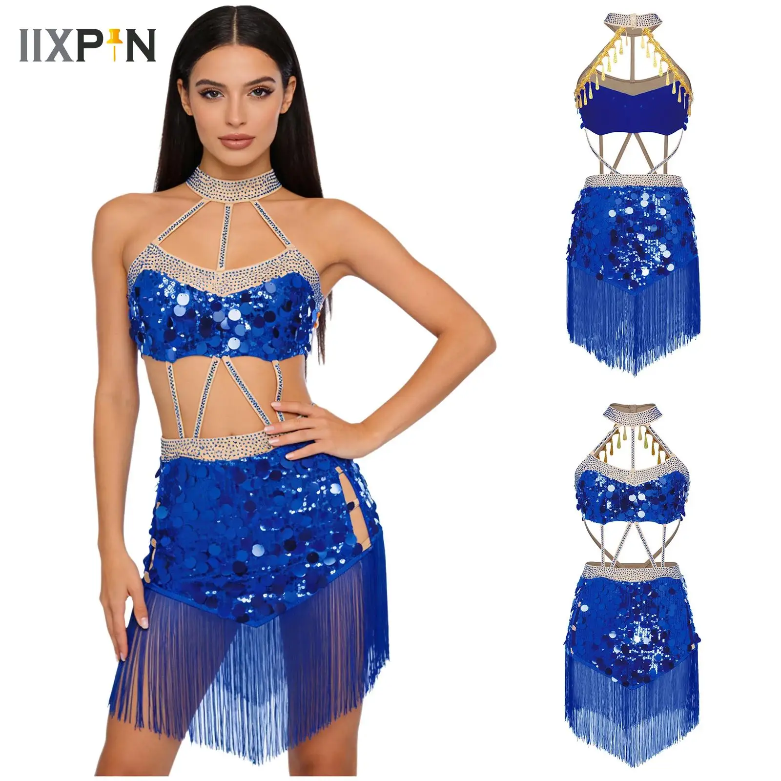 

New Professional Latin Dance Competition Performance Dress Halter Tassel Built-in Briefs Bodysuit Dress for Tango Cha-cha Proms