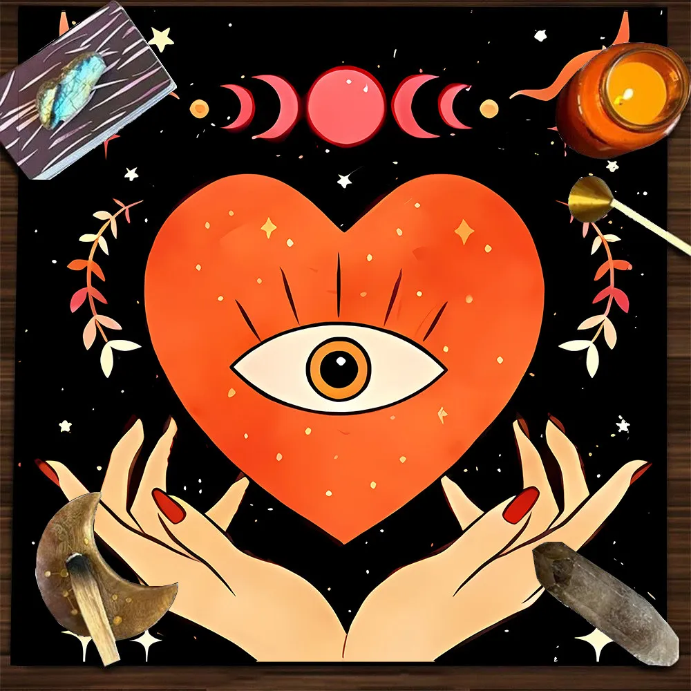 VIKAMA Heart & All-Seeing Eye Hand Tarot Tablecloth, 6 Designs, Square Velvet Altar Cloth for Divination
