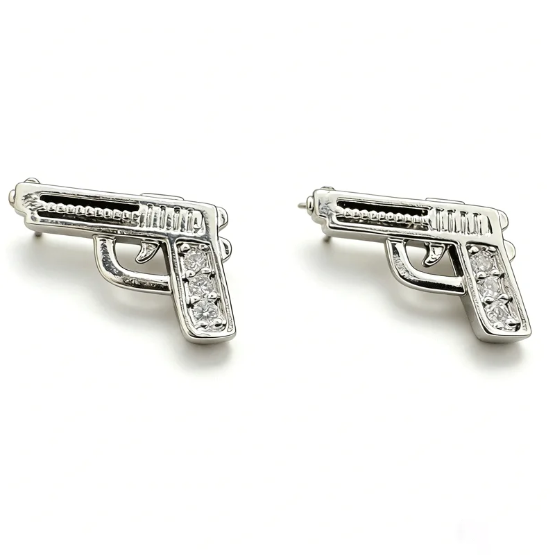Fashion Gold Plated Pistol Shape Cubic Zirconia Stud Earrings, Punk Hip Hop Jewelry For Women Men Birthday Party Holiday Gift